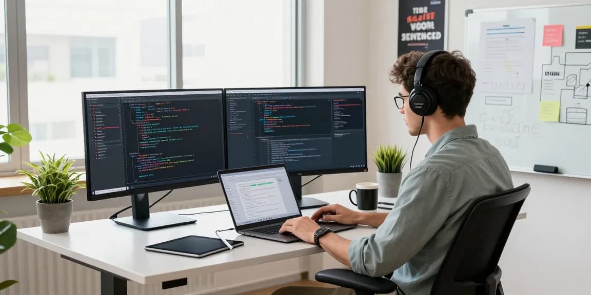 Professional developer in a modern workspace coding while showcasing the WPS Official Website software tools and technology.