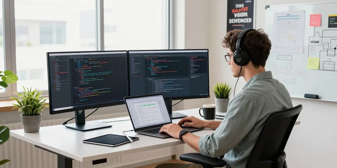 Professional developer in a modern workspace coding while showcasing the WPS Official Website software tools and technology.