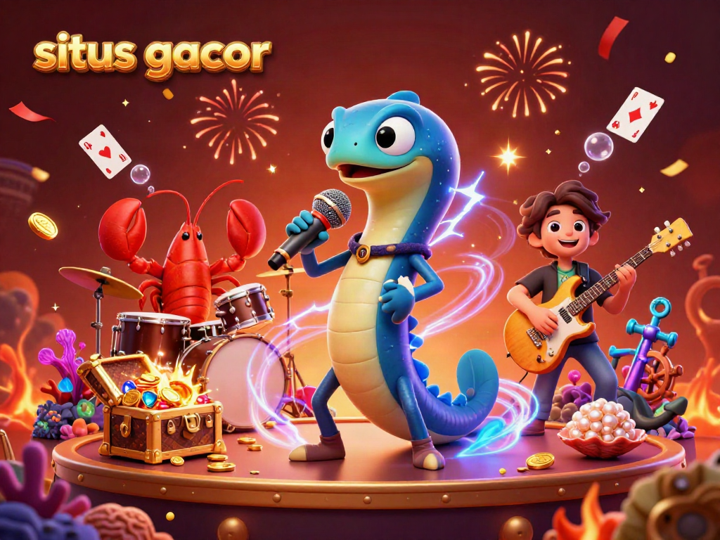 Situs gacor showcases an electric eel DJ performing with vibrant underwater casino elements and treasures.
