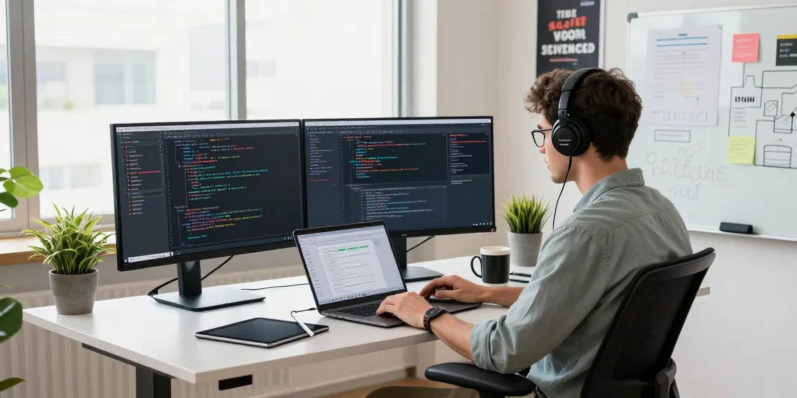 Professional developer in a modern workspace coding while showcasing the WPS Official Website software tools and technology.