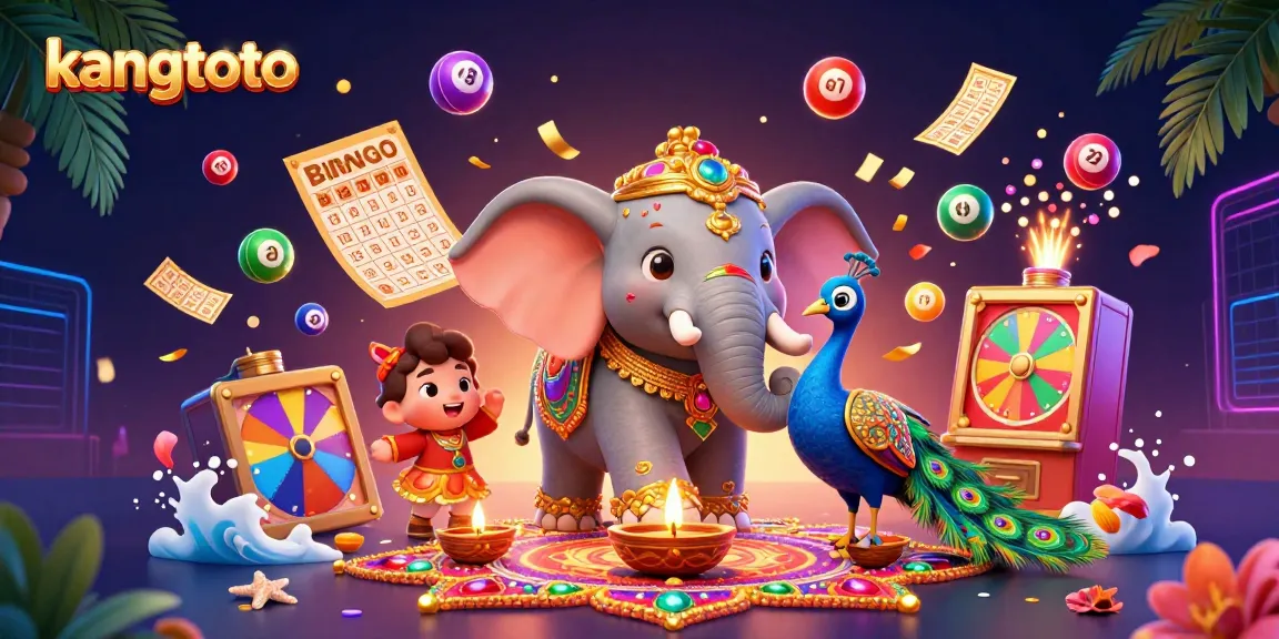 Gambarkan permainan online dengan kangtoto, menampilkan bola lotere berwarna dan elemen kasino yang dinamis.