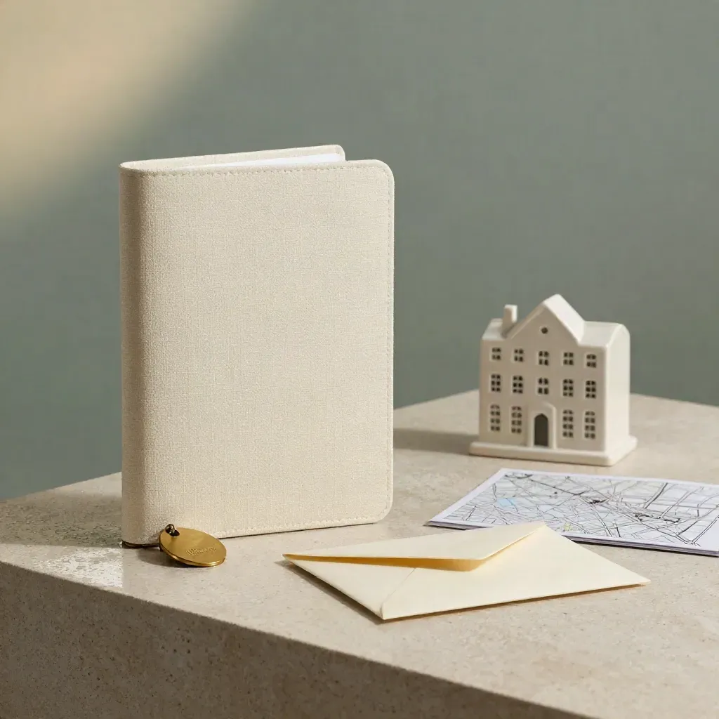 Cream linen Toronto Buyer Starter Kit with brass tag, envelope and ceramic townhouse on wet stone.