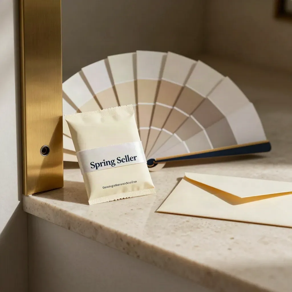 Cream seller credit packet, brass plate, paint chips and envelope on pale stone in dramatic studio light.