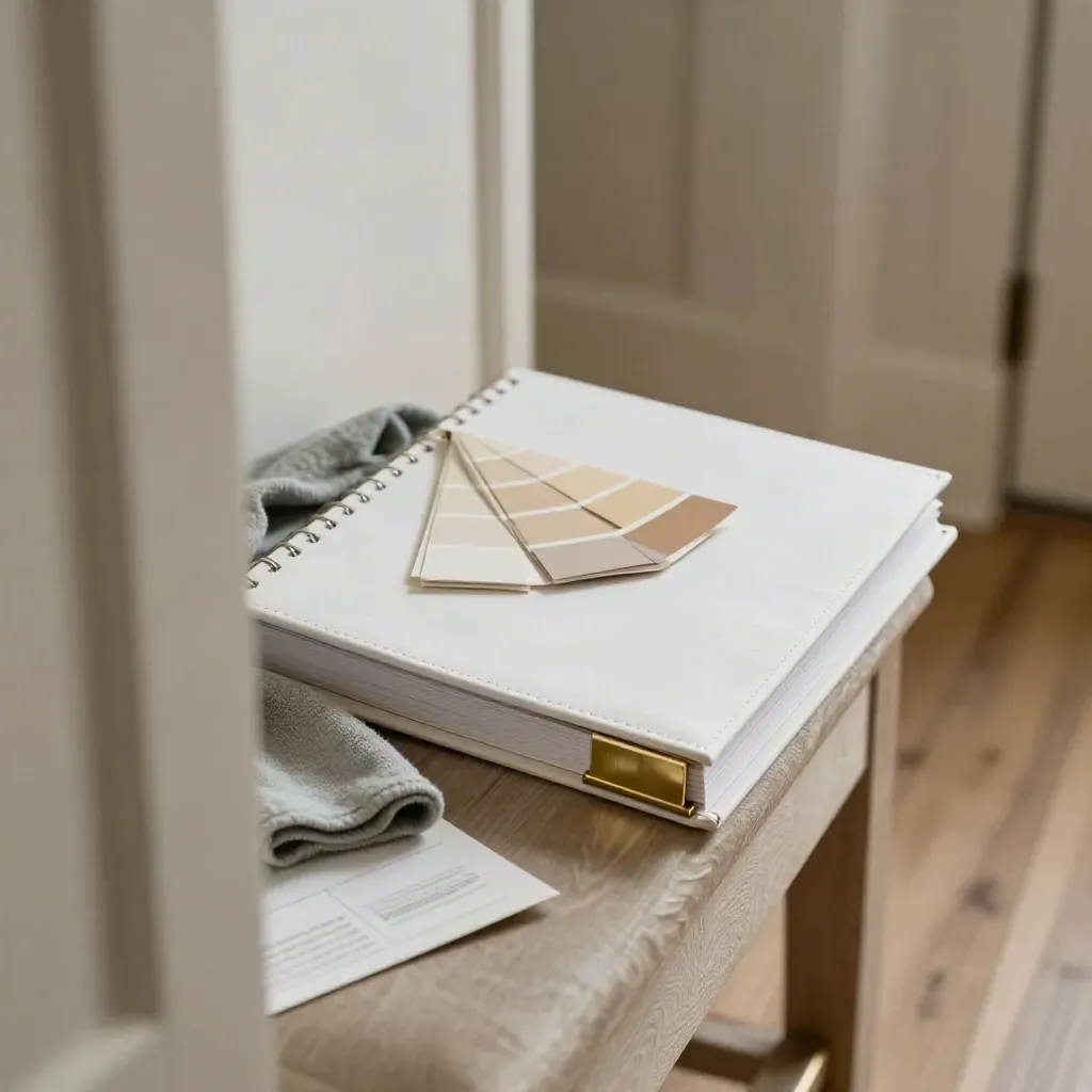 Seller Prep Plan binder with paint chips and cloth on a hallway bench by a half-open door.