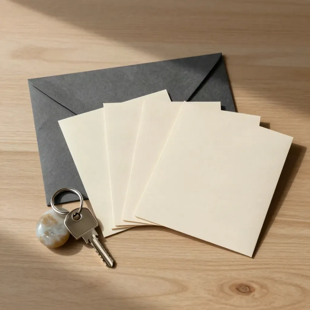Overhead flatlay of a first-time buyer packet, key ring and paperweight on pale oak.