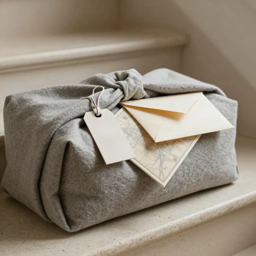 Wool-wrapped relocation packet with tag, map tile, and envelope on travertine