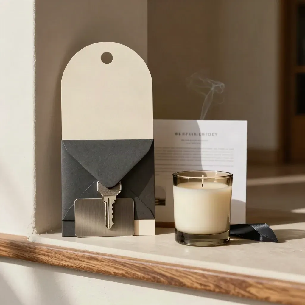 Open-house welcome bundle with door hanger, key sleeve and candle jar on a plaster ledge.