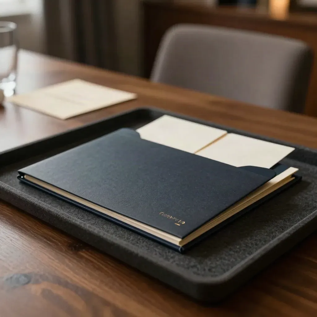 Closed review folder with brass clip on charcoal felt tray beside an empty chair at dusk.