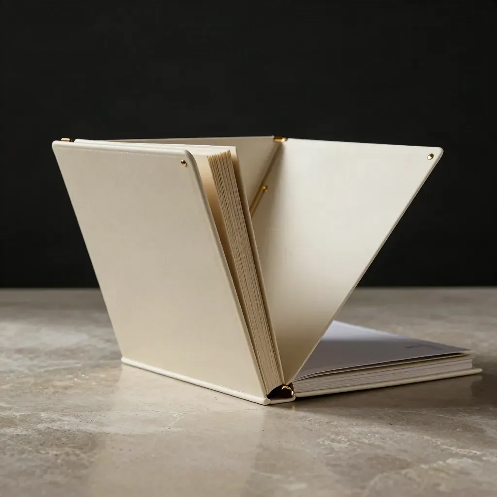 Opened buyer binder on stone slab with brass fastener in a dark studio