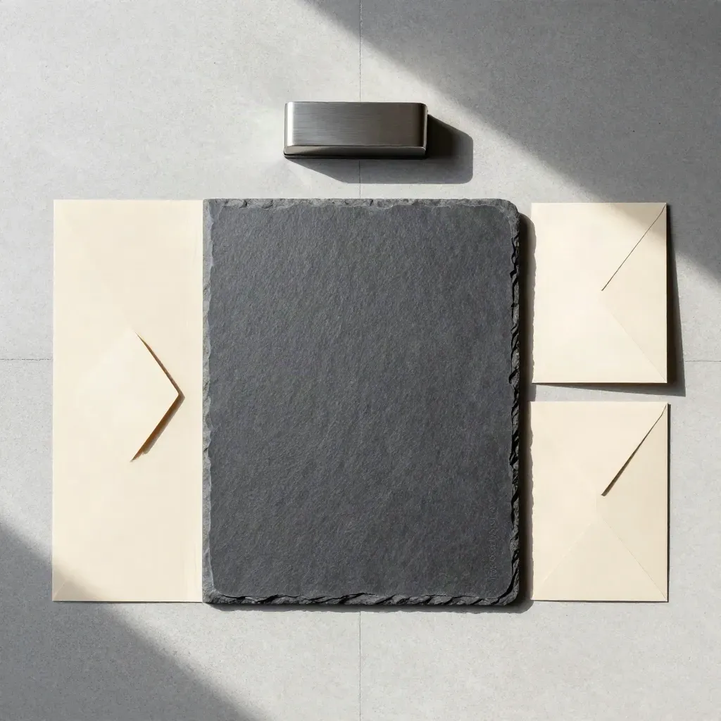 Overhead slate folder, two sleeves and a paperweight on pale concrete