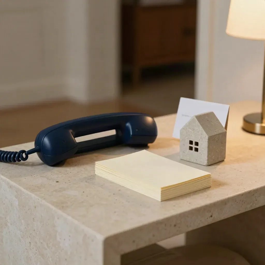 Relocation-call prep kit with navy handset cradle, note cards, and house paperweight on travertine.
