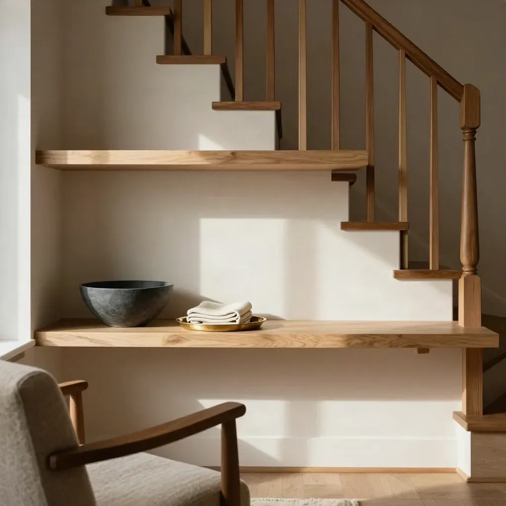 Warm townhouse nook with linen chair, oak shelf, and soft stair balusters in morning light.