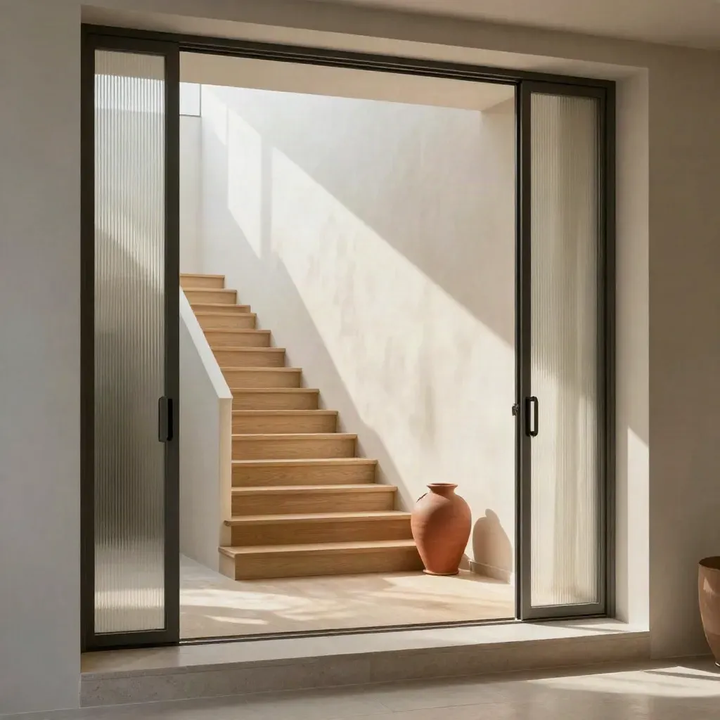 Sunlit modern entry hall with pale stairs, glass sidelights, and calm stone floor space