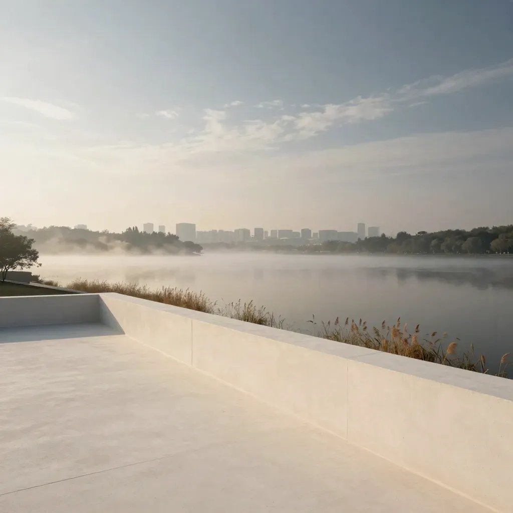 Misty lakefront skyline over calm water from a rooftop edge at dawn