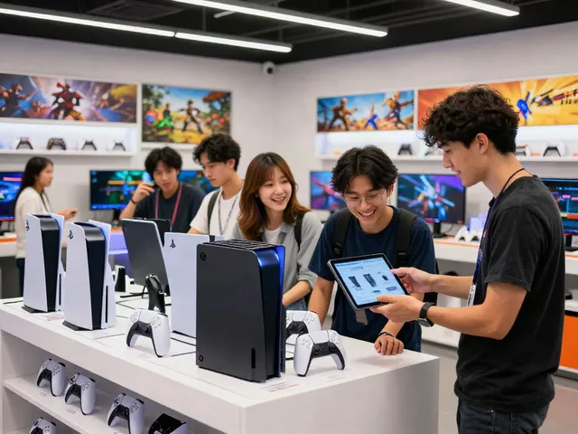 Shoppers engaging with original gaming consoles at ROKOK88, showcasing a vibrant e-commerce experience.