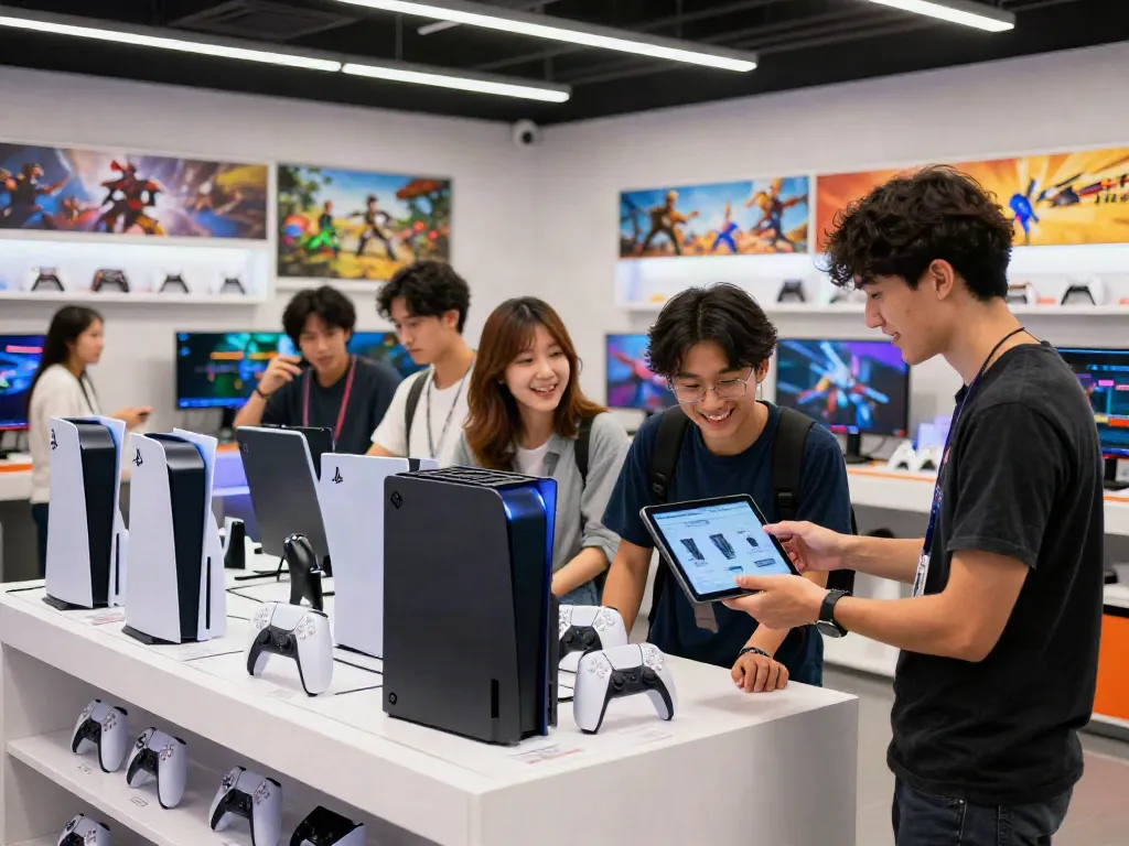 Shoppers engaging with original gaming consoles at ROKOK88, showcasing a vibrant e-commerce experience.