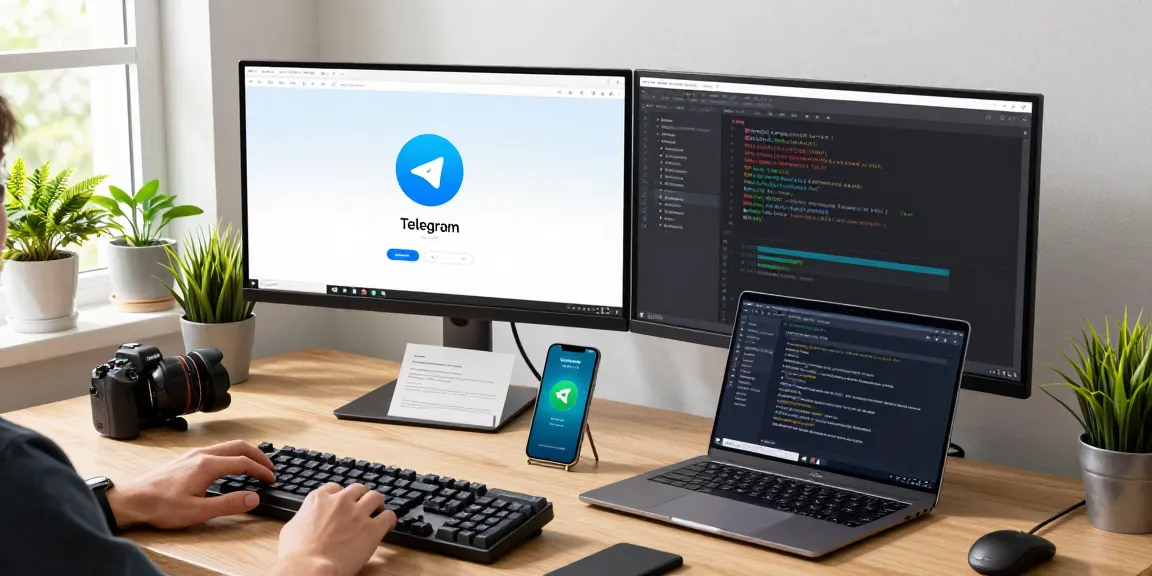 Engage with Telegram Chinese in a modern tech workspace, showcasing a user on a dual monitor setup.