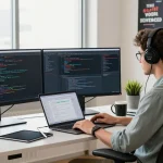Professional developer in a modern workspace coding while showcasing the WPS Official Website software tools and technology.