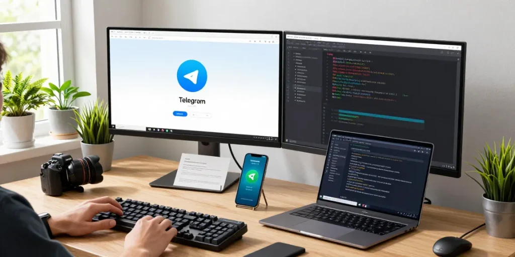 Engage with Telegram Chinese in a modern tech workspace, showcasing a user on a dual monitor setup.