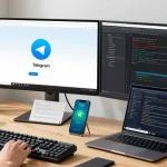 Engage with Telegram Chinese in a modern tech workspace, showcasing a user on a dual monitor setup.