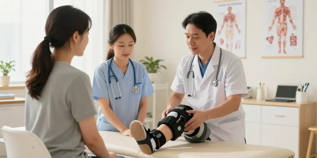 Orthopedic accessories in use during patient consultation at a modern clinic.