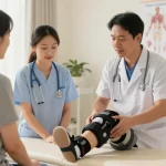 Orthopedic accessories in use during patient consultation at a modern clinic.